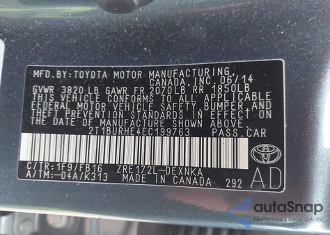 2014 Toyota Corolla Le from USA, damaged, VIN 2T1BURHE4EC199763